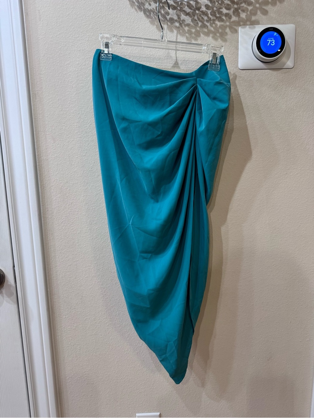 Teal Blue Draped Satin Midi Skirt with an asymmetrical hemline